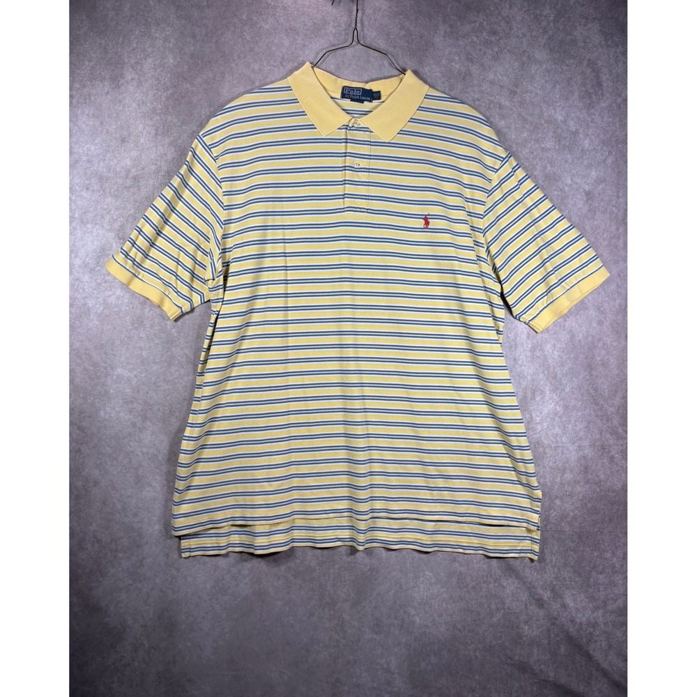 Polo Ralph Lauren Polo Shirt Mens 2XLT Yellow Blue Striped Pique Short Sleeve